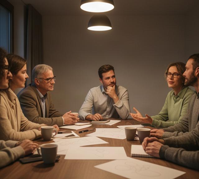 Besprechung eines strategischen Plans in einem warm beleuchteten Beratungsraum in der Deutschschweiz