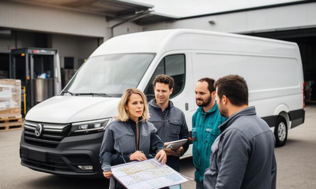 Logistikteam vor einem modernen Lieferfahrzeug bei einer Einsatzplanung