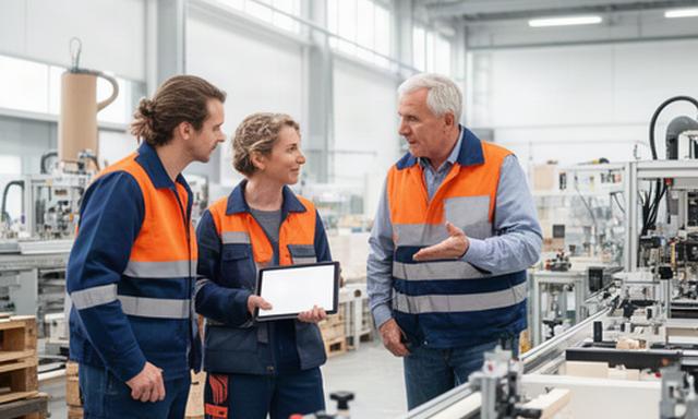 Mitarbeiter in einer hellen Produktionshalle bei der Abstimmung von Arbeitsabläufen