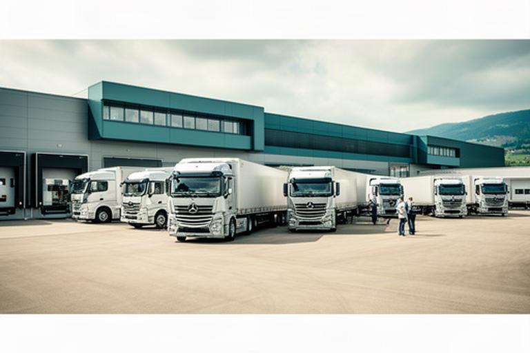 LKW-Flotte vor einem modernen Logistikzentrum im Schweizer Mittelland bei der Tourenplanung