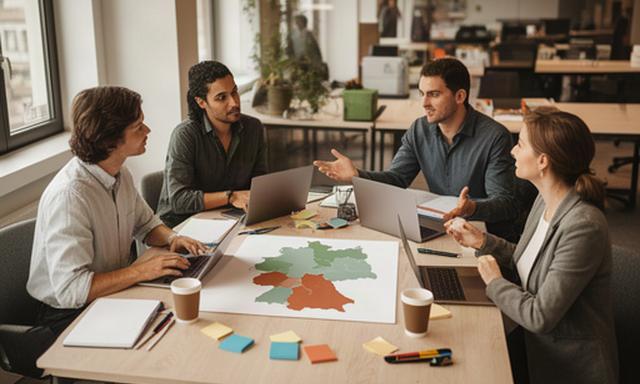 Team eines E-Commerce-Start-ups bei der Planung des Markteintritts in Deutschland