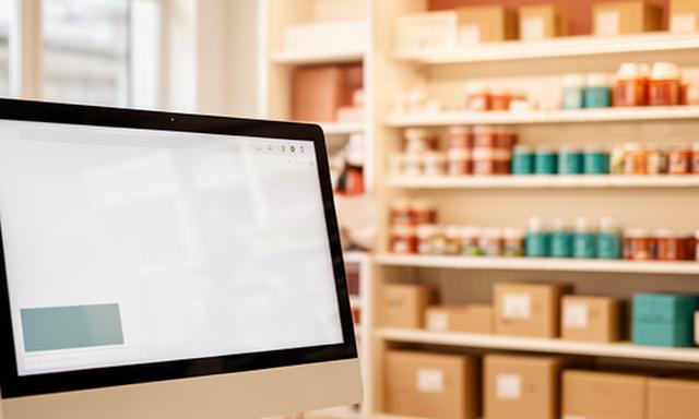 Heller Schweizer Handelsbetrieb mit Bildschirm eines B2B-Onlineshops und Warenregal