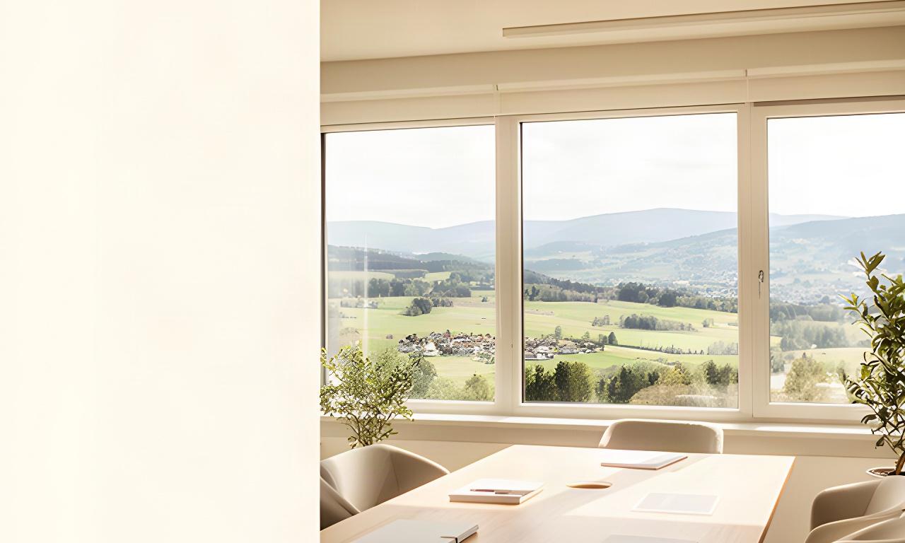 Helles Beratungsbüro in Wohlen mit Blick auf die Aargauer Landschaft und einen Besprechungstisch